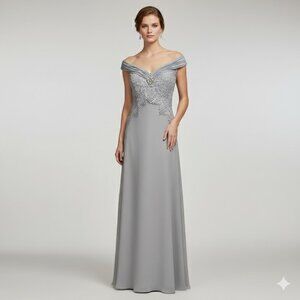 Silver Jersey and Lace Evening Gown w/ Shawl